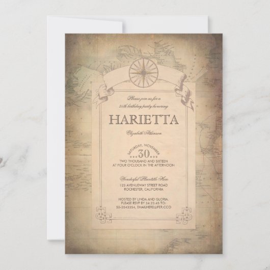 Invitation Vintage World Travel Map Explorateur Anniversaire  (Devant)