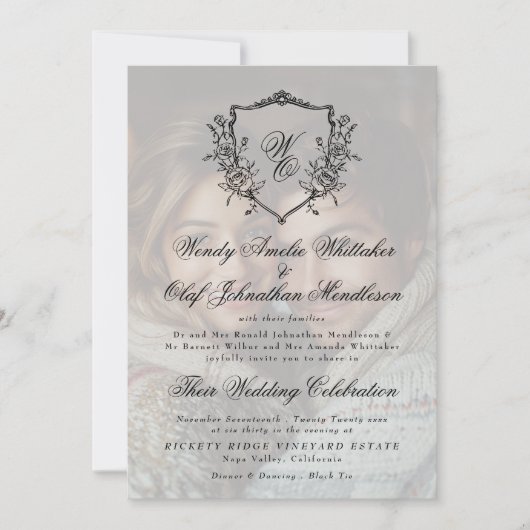 Invitation Vintage Wreath Crest Black White Photo Wedding (Devant)