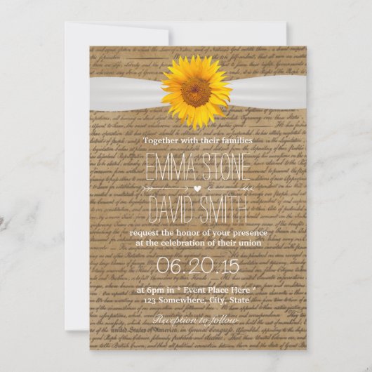 Invitation Vintages anciens scripts Sunflower Mariages Invita (Devant)