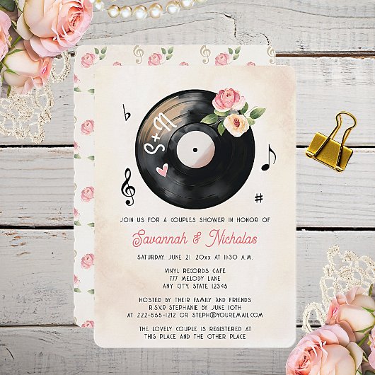 Invitation Vinyl Record Floral Aquarelle Couples Douche