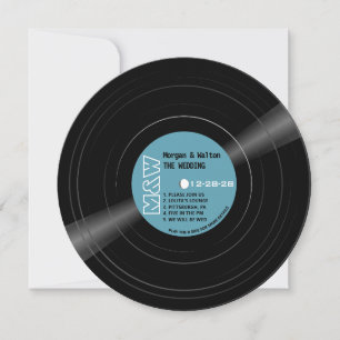 Invitation Vinyl Record Monogramme Retro Mariage bleu