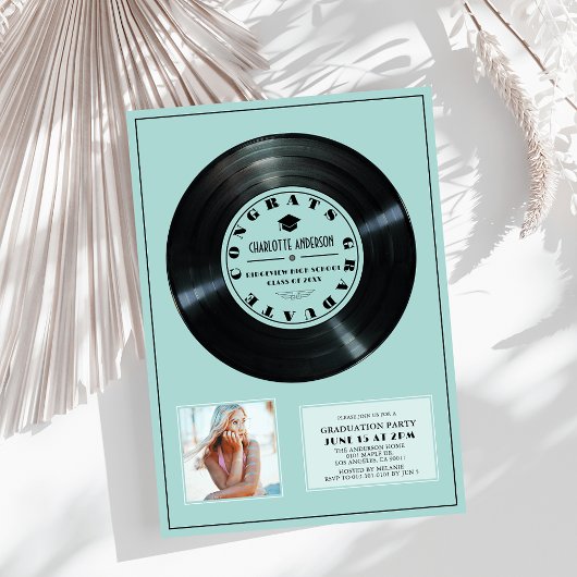 Invitation Vinyl Record Turquoise Plaque Photo Graduation
