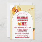 Invitation Vinyle rétro jaune pour 1ère fête d'anniversaire e (Devant)