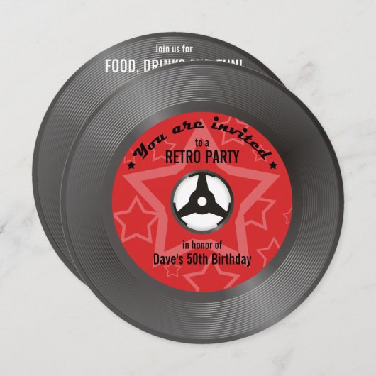 Invitation Vinyle Soirée Rétro Rouge (Devant / Derrière)