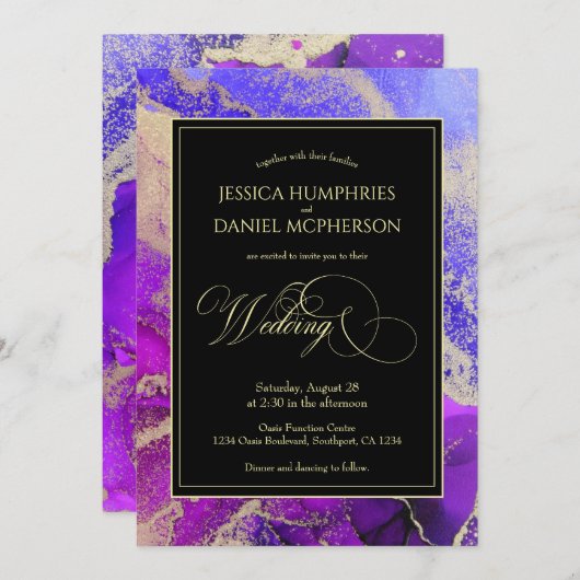 Invitation Violet Amethyst Purple Gold Moody Mariage (Devant / Derrière)
