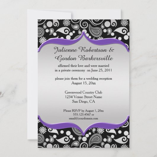 Invitation Violet Argent Noir Paisley Mariage (Devant)