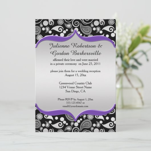 Invitation Violet Argent Noir Paisley Mariage (Debout devant)