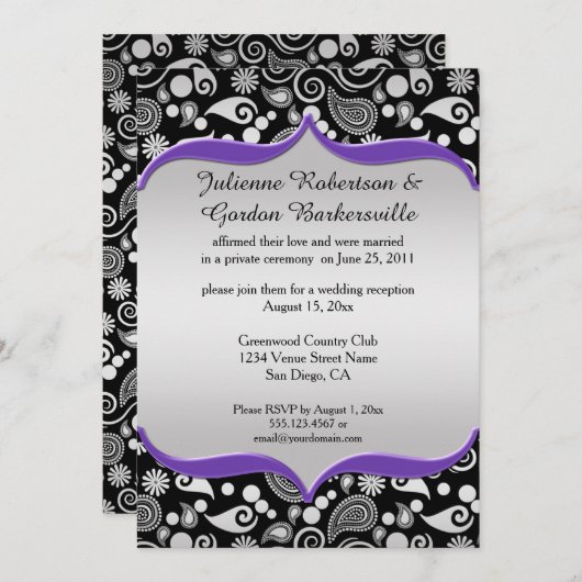 Invitation Violet Argent Noir Paisley Mariage (Devant / Derrière)