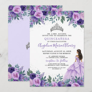 Invitation Violet argenté floral Quinceanera