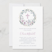 Invitation Violet | Baptême floral avec croix (Devant)