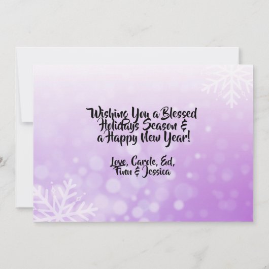 Invitation Violet blanc Snowflakes Photos de famille Noël (Dos)