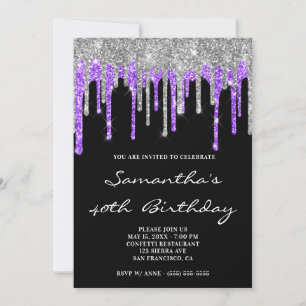 Invitation Violet Bleu Argent Paillettes Gouttes Noir Anniver