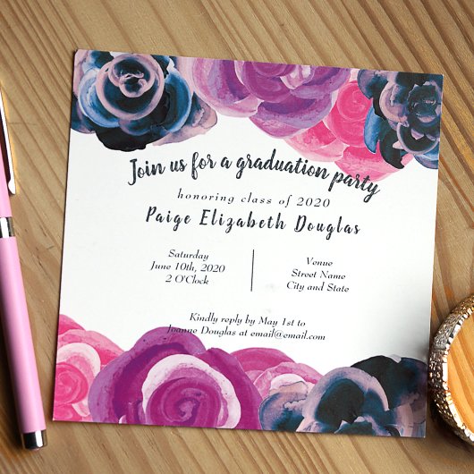 Invitation Violet, Bleu Botanique Rose fête de graduation