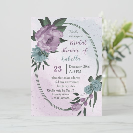 Invitation violet bleu fleurs botanique nuptiale (Debout devant)
