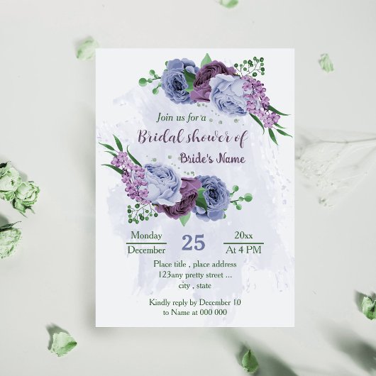 Invitation Violet bleu foncé fleurs verdure douche nuptiale