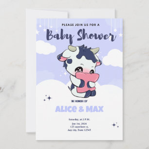 Invitation Violet bleu foncé Vache blanc Baby shower nuageux