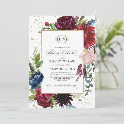 Invitation Violet | Bleu |Mariage d'aquarelle florale de Mars (Debout devant)