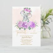 Invitation Violet bleu vert floral baby shower éléphant (Debout devant)