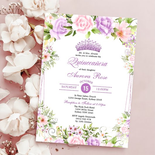 Invitation Violet Blush Boho Floral Quinceañera 15e anniversa