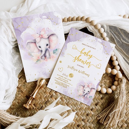 Invitation Violet Blush rose Elephant bébé fille douche