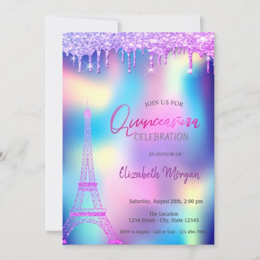 Invitation Violet chute tour Eiffel Holographique Quinceanera (Devant)
