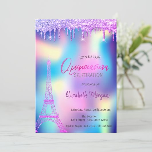 Invitation Violet chute tour Eiffel Holographique Quinceanera (Debout devant)