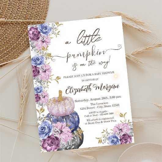 Invitation Violet Citrouille Fleurs Feuille Baby shower