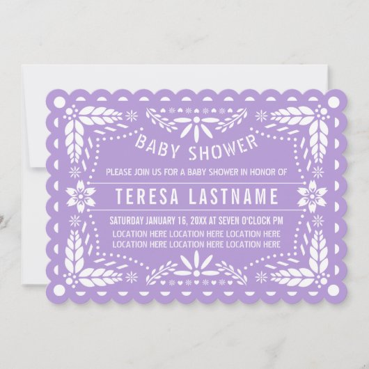 Invitation Violet clair, papillon blanc picado bébé douche (Devant)