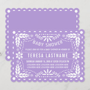 Invitation Violet clair, papillon blanc picado bébé douche