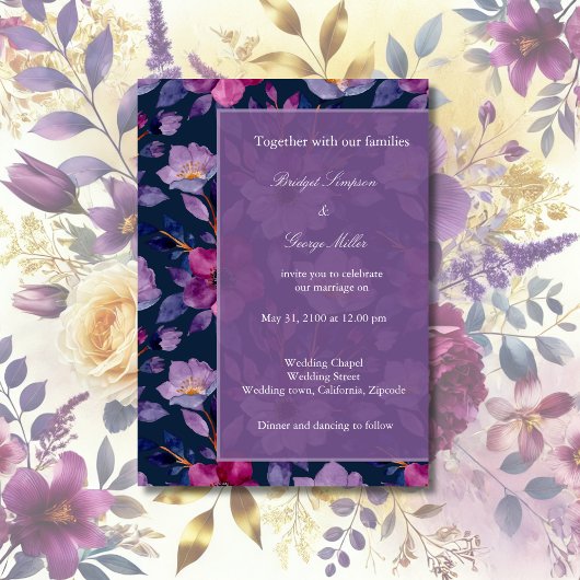 Invitation violet coloré fleur sauvage mariage de verdure
