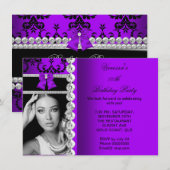 Invitation Violet Damask Black Jewel Bow Photo Anniversaire (Devant / Derrière)