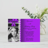 Invitation Violet Damask Black Jewel Bow Photo Anniversaire (Debout devant)