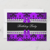 Invitation Violet Damask Black Jewel Bow Photo Anniversaire (Dos)