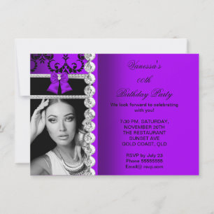 Invitation Violet Damask Black Jewel Bow Photo Anniversaire