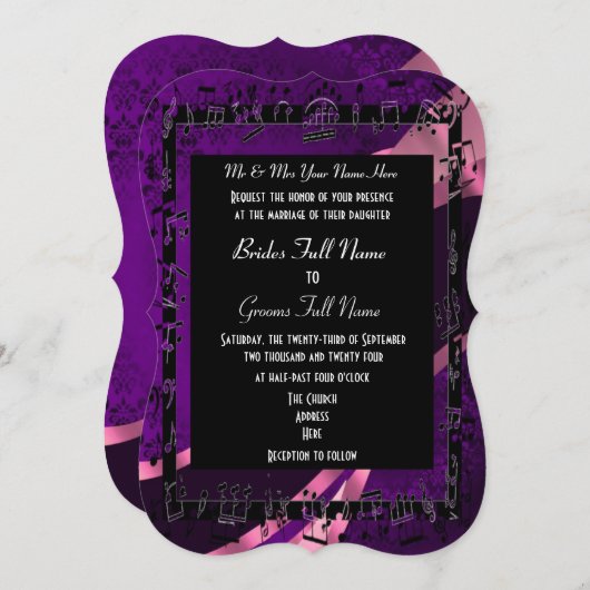 Invitation Violet damassé élégant mariage formel (Devant / Derrière)