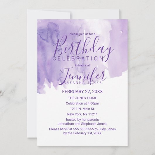 Invitation Violet d'aquarelle violet éclaboussure fête d'anni (Devant)