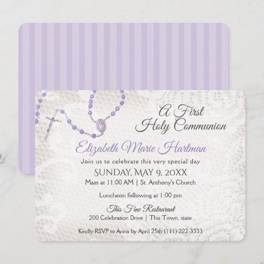 Invitation Violet de première communion Rosaire et dentelle (Devant / Derrière)