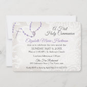 Invitation Violet de première communion Rosaire et dentelle (Devant)