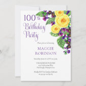 Invitation Violet de Roses Jaunes 100e fête d'anniversaire (Devant)