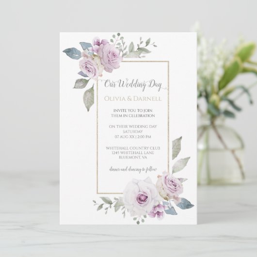 Invitation Violet doux violet lavande or Mariage Floral (Debout devant)
