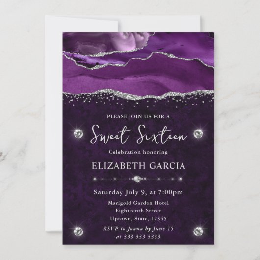 Invitation Violet et Argent Paillettes d'agate 16 ans douce f (Devant)