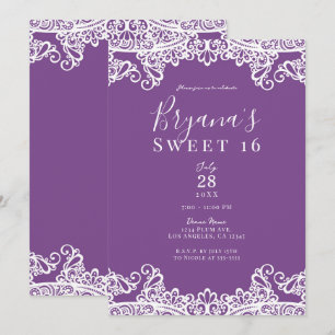 Invitation Violet et Blanc Dentelle Élégante Fête Douce 16 An