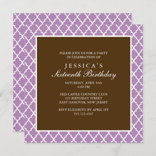 Invitation Violet et Brown élégant Quatrefoil Anniversaire (Devant / Derrière)