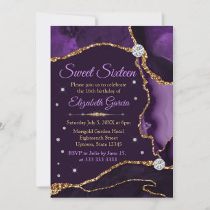 Invitation Violet et Or Faux Paillettes Agate Sweet 16