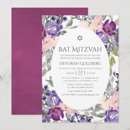 Invitation Violet et Plum Floral Bat Mitzvah (Devant / Derrière)