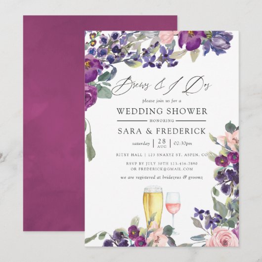 Invitation Violet et Plum Floral se brasse avant le I Dos (Devant / Derrière)