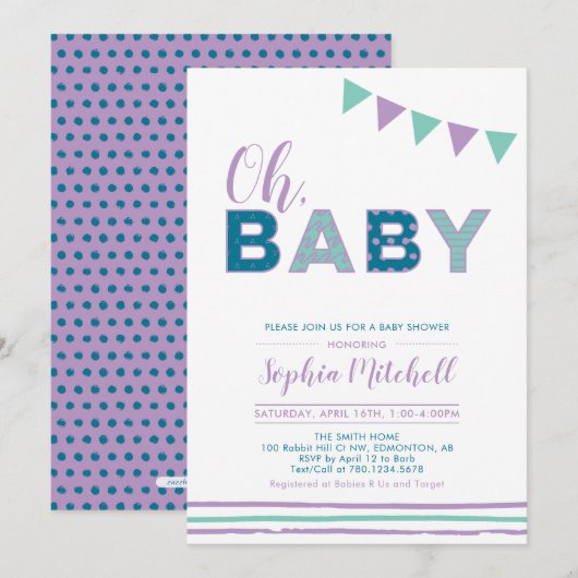 Invitation Violet et Turquoise | Typographie moderne Baby sho (Devant / Derrière)