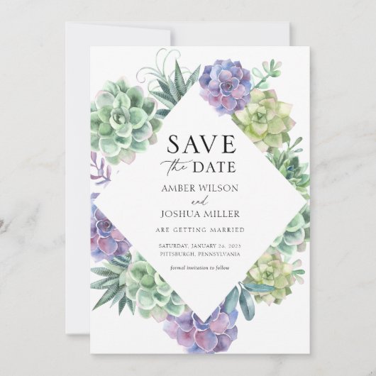 Invitation Violet et vert Succulents mariage Enregistrer la d (Devant)