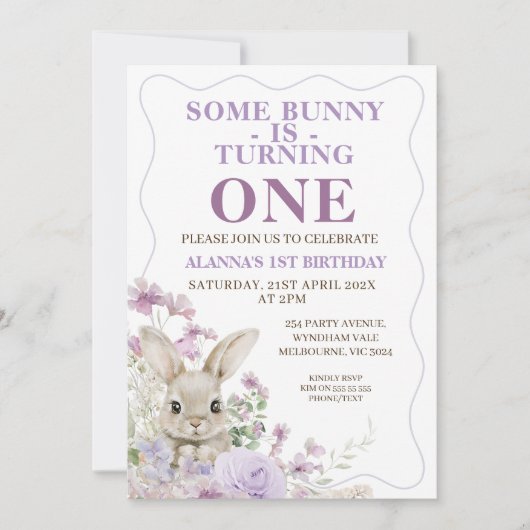 Invitation Violet Fleur sauvage Vague Lapin 1er Anniversaire (Devant)