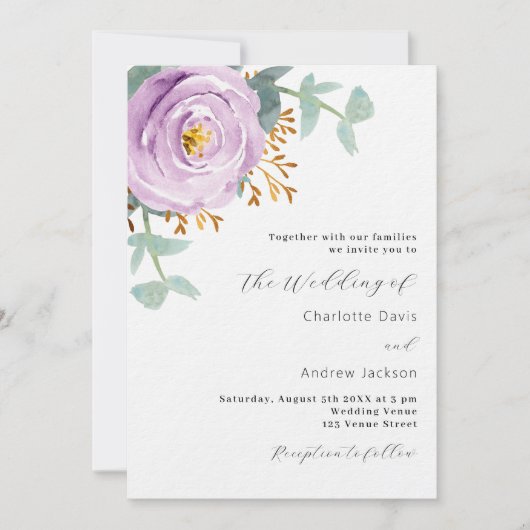 Invitation Violet fleuri code QR RSVP mariage de luxe (Devant)
